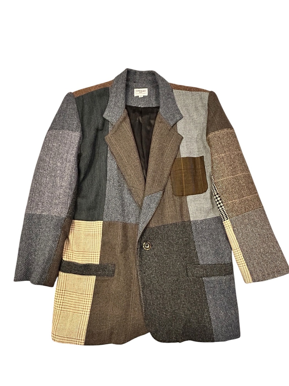 Compagnie BX Patchwork Tweed Blazer  Wool Blend Herringbone Plaid Men  S VTG 90s